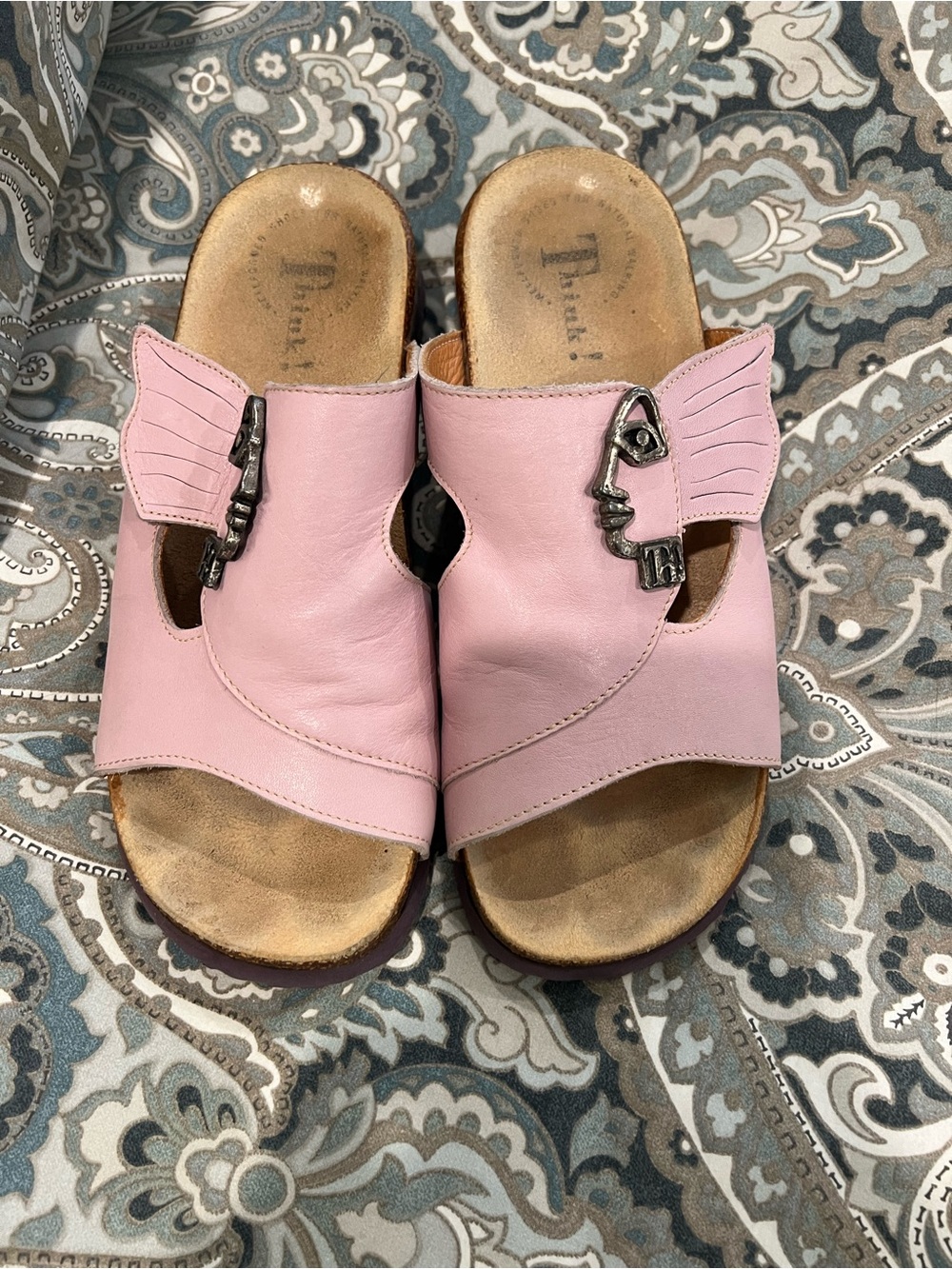 Think! Mizzi Face Pink Leather Slip-On Mules with Sculptural Metal Face Accent